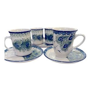 Unikat Peacock Small Dessert Plates and Mugs Polish Pottery 3 Plates and 4 Mugs